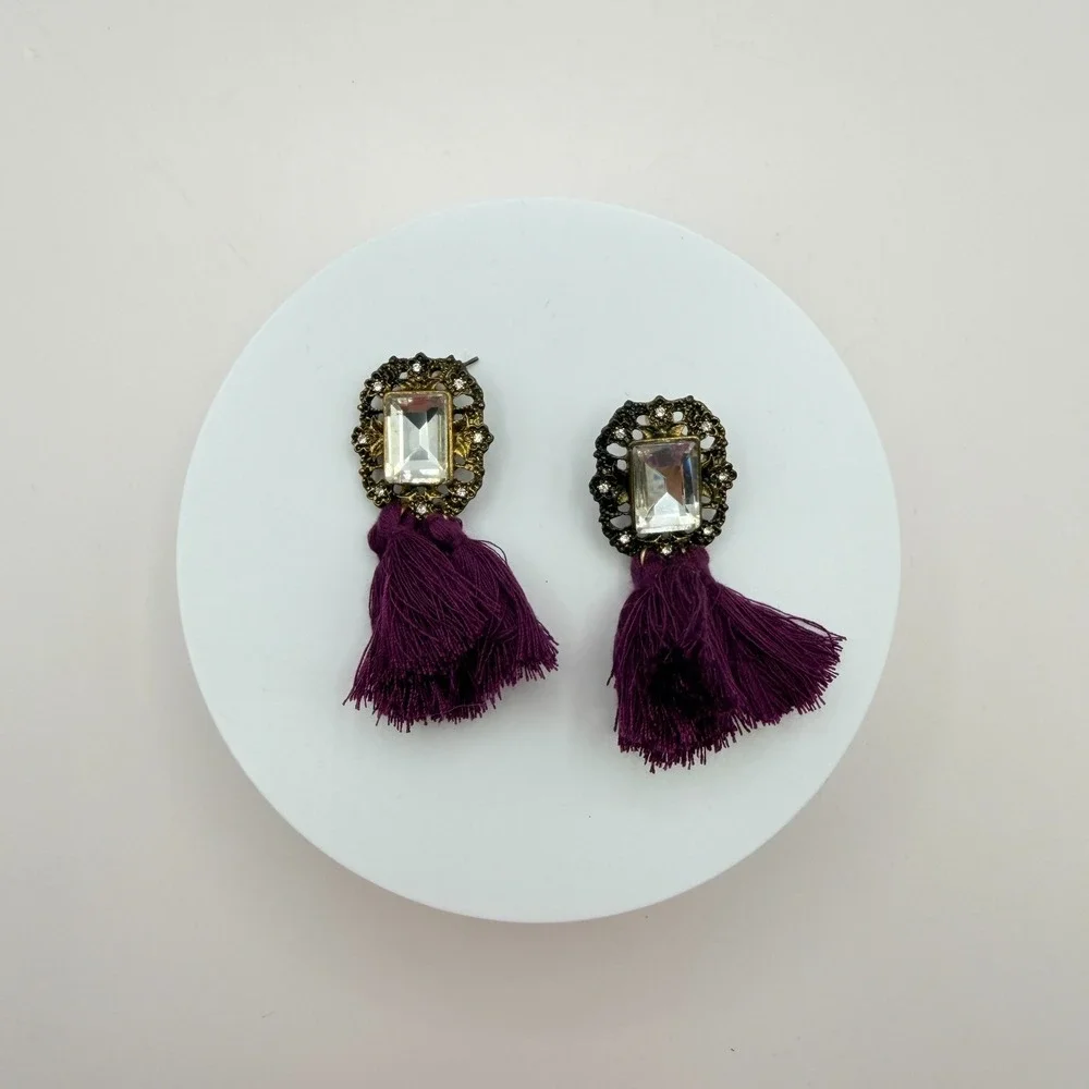Vintage Y2K Gold Tone Purple Tassel Emerald Cut Earrings Women's Classic Jewelry